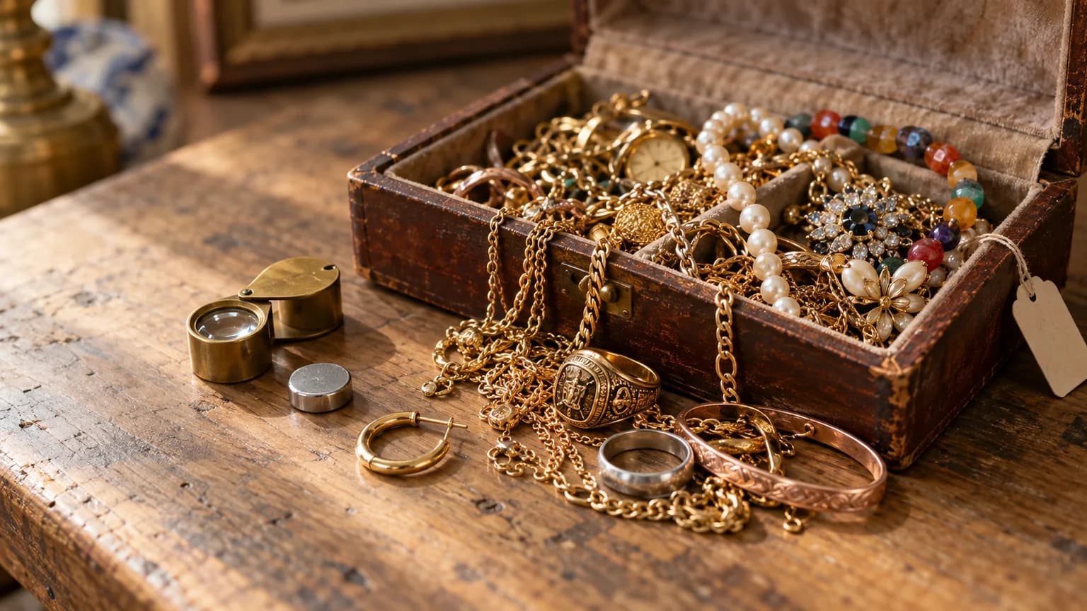 Open vintage jewelry box with gold chains, a white gold ring, a rose gold bracelet, a loupe, and a magnet on a wooden table
