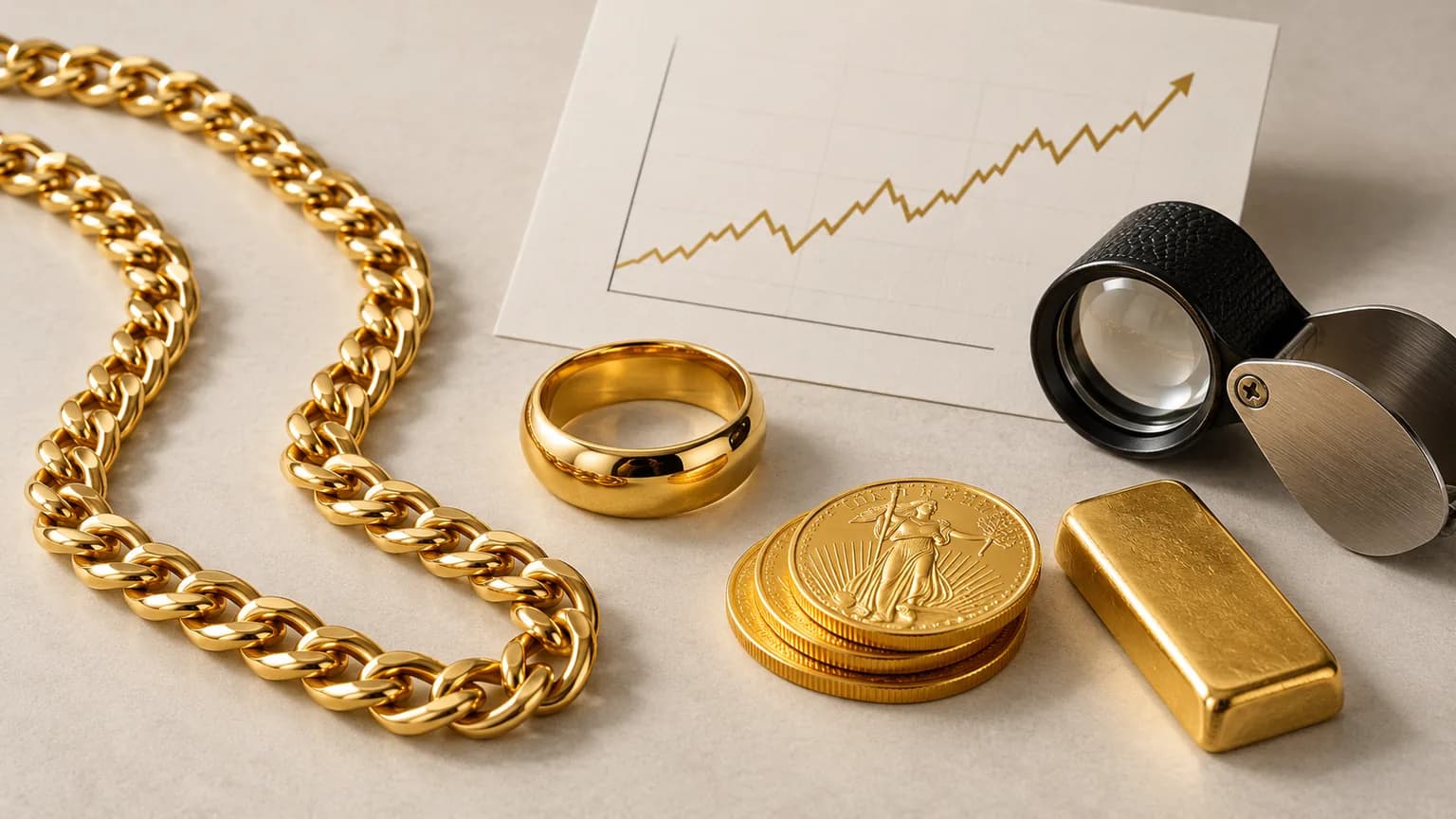 Gold jewelry, coins, and a jeweler's loupe beside a rising price chart, representing gold spot price.