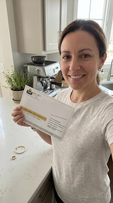 Customer holding appraisal kit with gold bracelet on counter