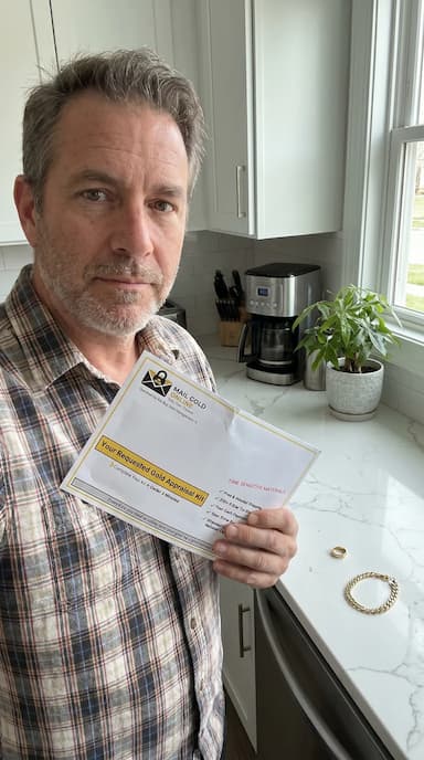 Customer with appraisal kit and gold ring on kitchen counter