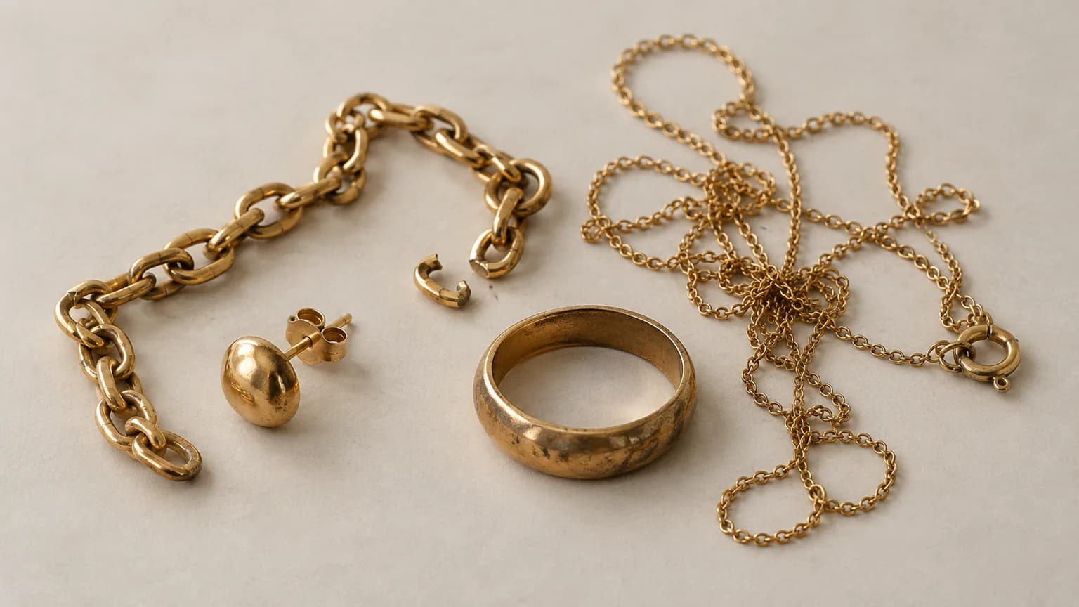 Broken chain, single earring, tarnished ring, and tangled necklace representing scrap gold jewelry