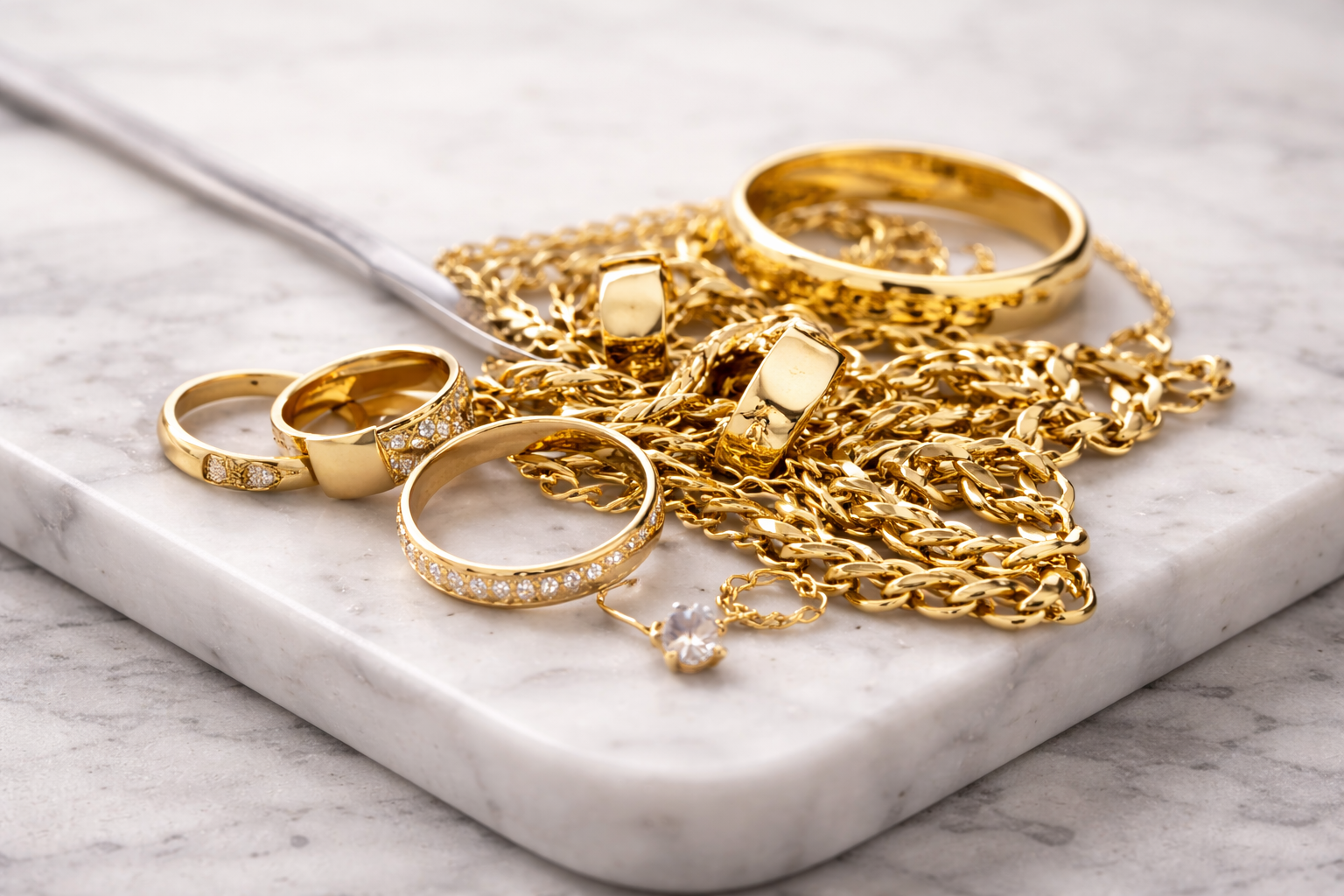 Assorted gold jewelry including necklaces, bracelets, and earrings on a clean white background.