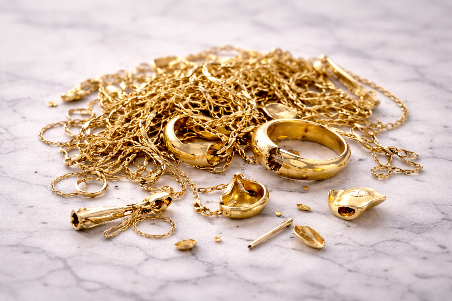 Broken gold jewelry pieces and scrap gold fragments arranged on a clean white background.