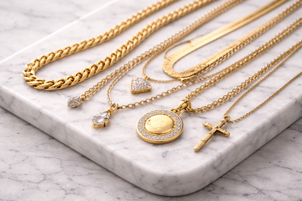 Gold chains and necklaces neatly displayed on a clean white background for appraisal.