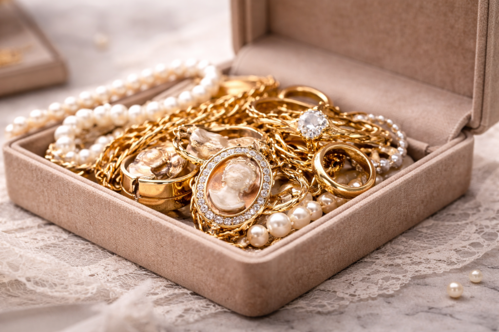 Estate gold jewelry displayed in an open jewelry box on a clean, neutral background.