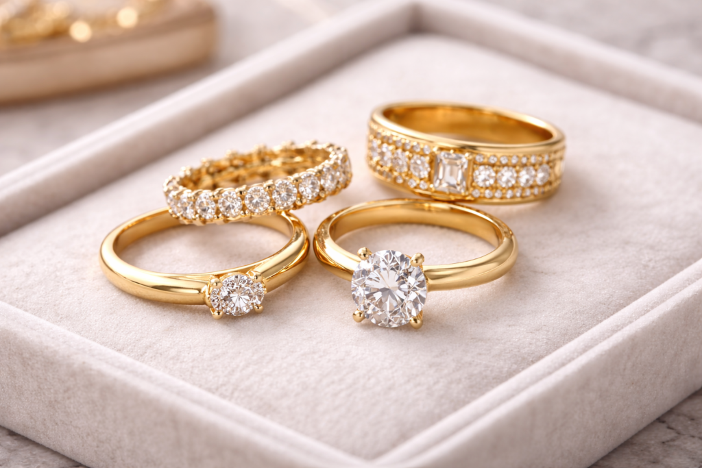 Gold rings displayed neatly on a clean white background in a premium close-up view.