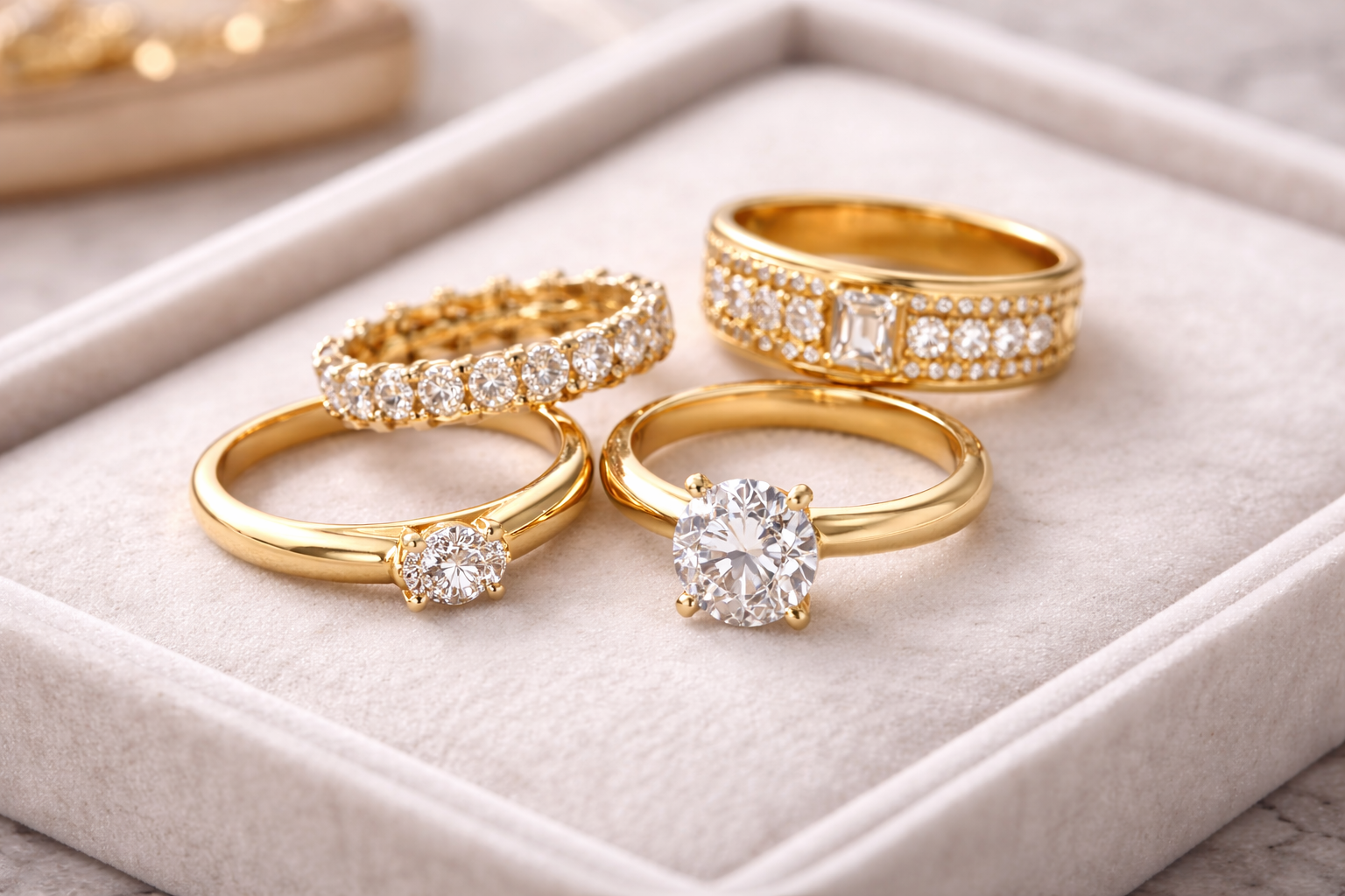 Gold rings displayed neatly on a clean white background in a premium close-up view.